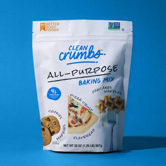 Clean Crumbs All-Purpose Baking Mix package photographed on a blue background