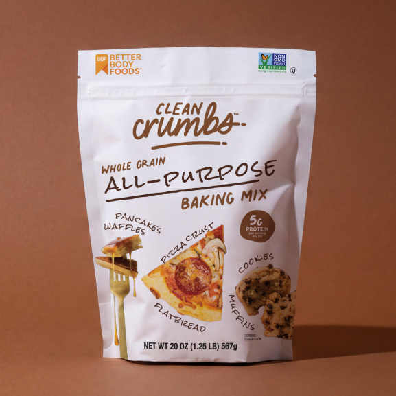 Clean Crumbs Whole Grain All-Purpose Baking Mix package photographed on a brown background
